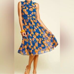 Modcloth 3X sleeveless blue with orange flower midi dress